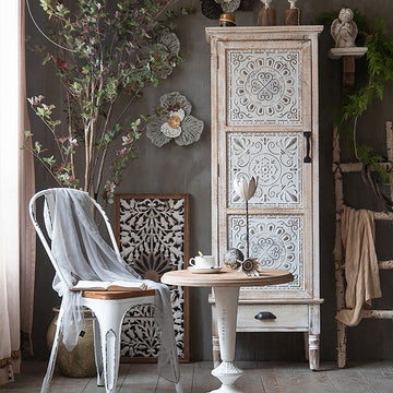 Wood Tall Storage Cabinet with Door Distressed White Rustic